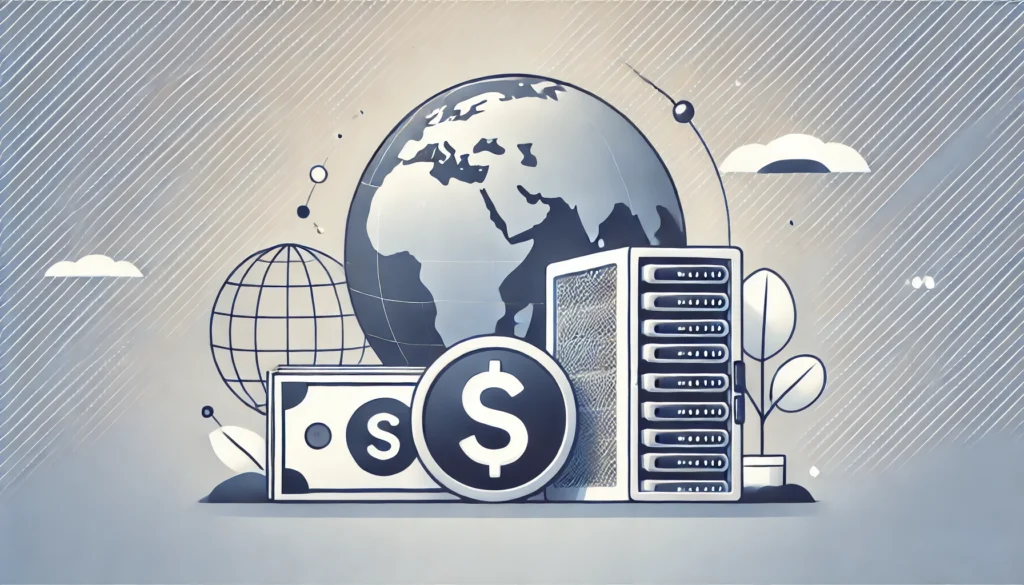 An illustration representing affordable web hosting plans, featuring a dollar sign, a server rack, and a globe with a minimalist, professional design. The image conveys affordability and global accessibility, with a clean and modern tech-themed background, ideal for a blog about Hostinger's affordable plans.