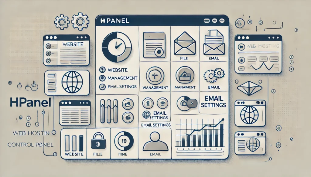 An illustration showcasing a simplified and modern web hosting control panel (hPanel), featuring a clean interface with icons for website management, file management, email settings, and performance analytics. The design emphasizes ease of use with a minimalist, professional, and tech-inspired theme, suitable for a blog about Hostinger's hPanel.