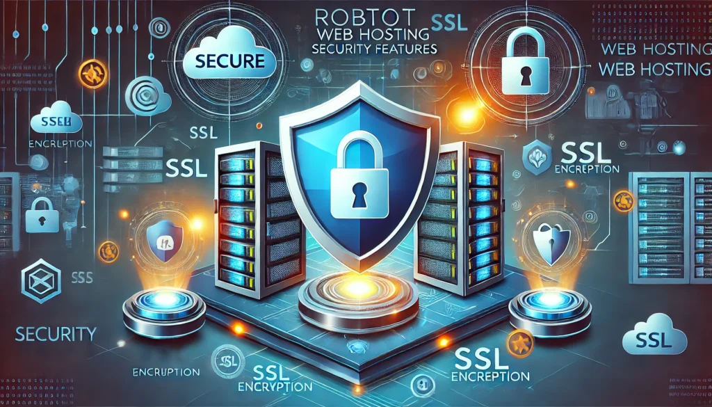 An illustration showcasing robust web hosting security features, including a secure shield icon, a padlock symbol, and glowing server racks. The design emphasizes cybersecurity, SSL encryption, and malware protection, with a modern, tech-inspired background suitable for a blog about Hostinger's security features.