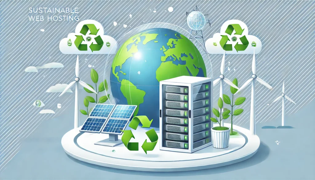 An illustration representing sustainable web hosting, featuring a green energy-powered server rack, a globe with renewable energy icons (like wind turbines and solar panels), and a clean, eco-friendly theme. The design emphasizes environmental responsibility and modern technology, suitable for a blog about Hostinger's sustainability efforts.