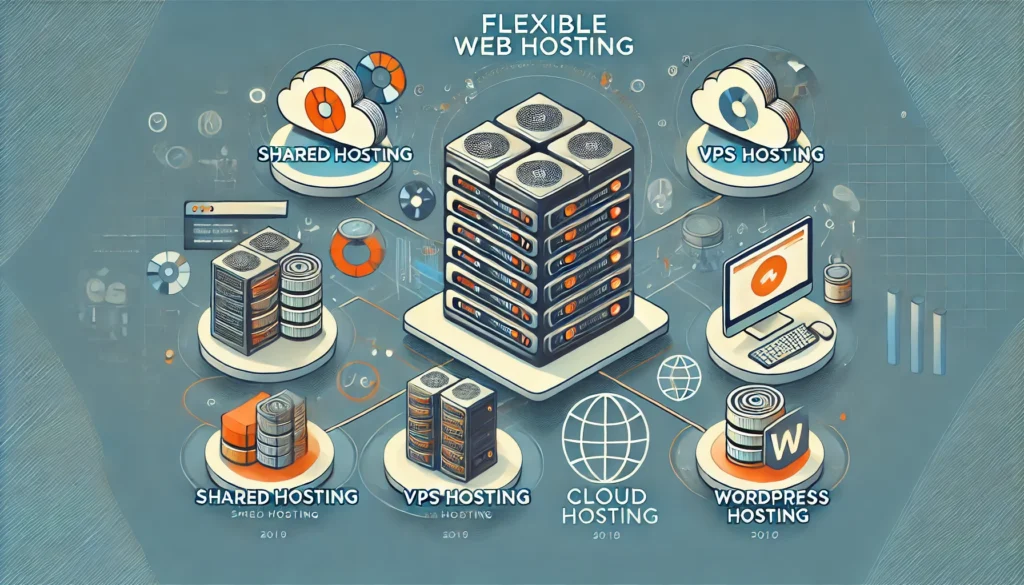 An illustration showcasing flexible web hosting plans, featuring icons representing shared hosting, VPS hosting, cloud hosting, and WordPress hosting. The design includes a dynamic server rack, a user-friendly interface, and a clean tech-inspired background to convey versatility and adaptability, suitable for a blog about Hostinger's flexible hosting plans.