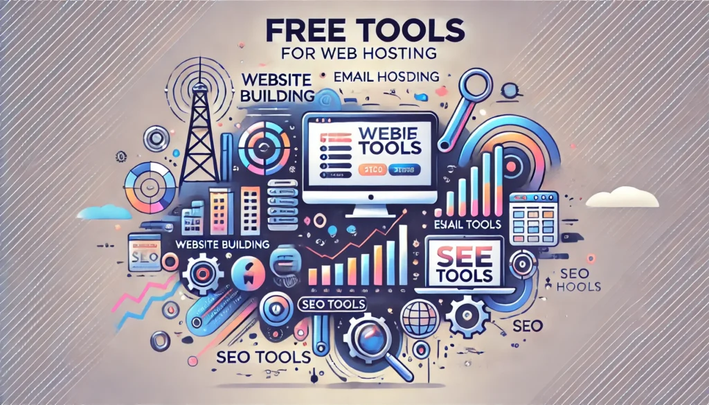 An illustration showcasing free tools for web hosting, including icons for a website builder, email hosting, SEO tools, and analytics. The design features a dynamic tech-inspired layout with a modern, clean, and professional look, suitable for a blog about Hostinger's free tools to elevate websites.